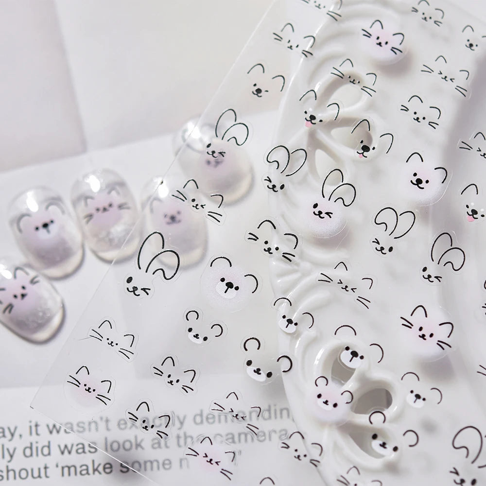 5D Kawaii Animal Nail Stickers | Cat Bunny Dog Mouse Decals Nail Art Stickers QXL