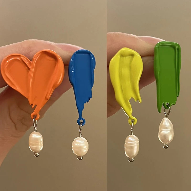 French Retro Asymmetrical Pearl Drop Earrings | Oil Painting Pearl Drop Earrings QXL