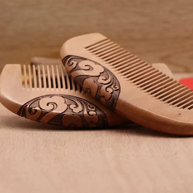 Carved Peach Wood Hair & Beard Comb | Small 10–15cm Wooden Hair Comb QXL