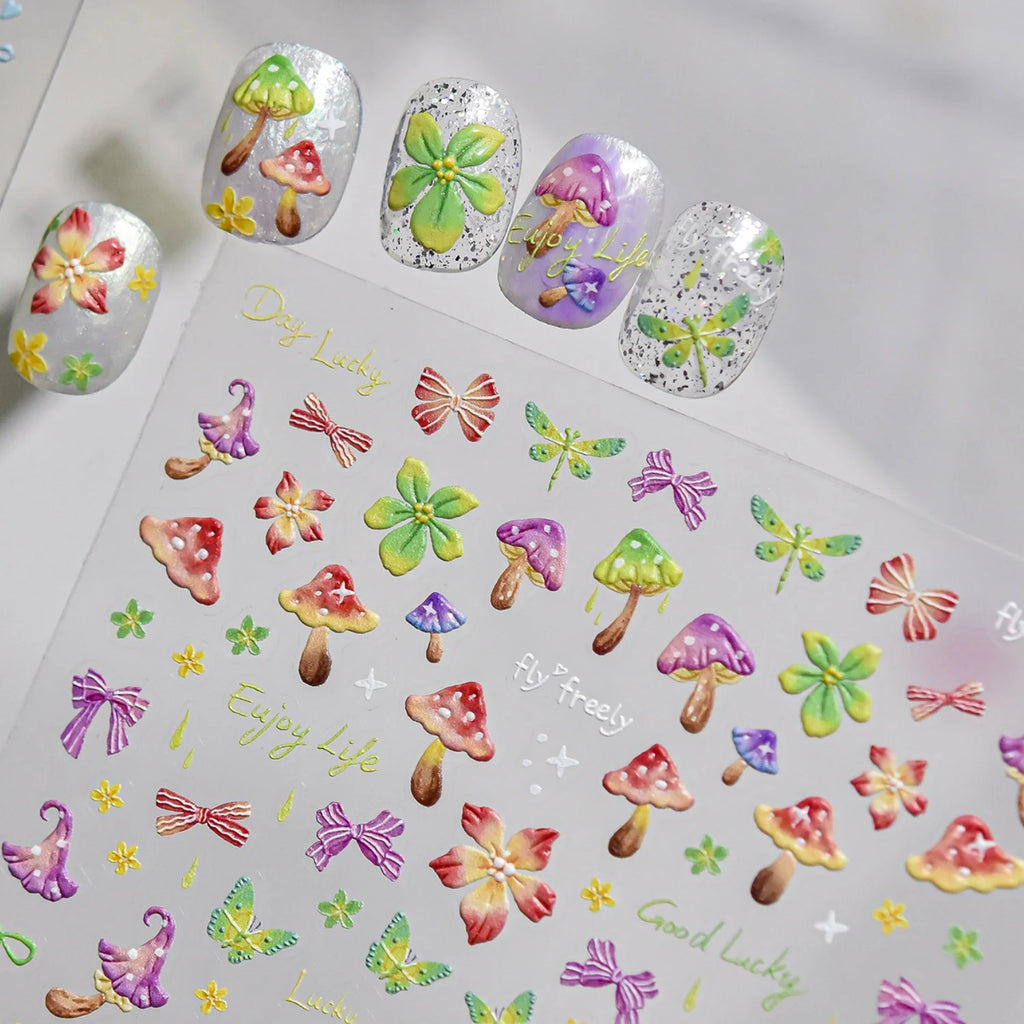 5D Embossed Nail Stickers – Mushroom Butterfly Floral Decals Nail Art Stickers QXL