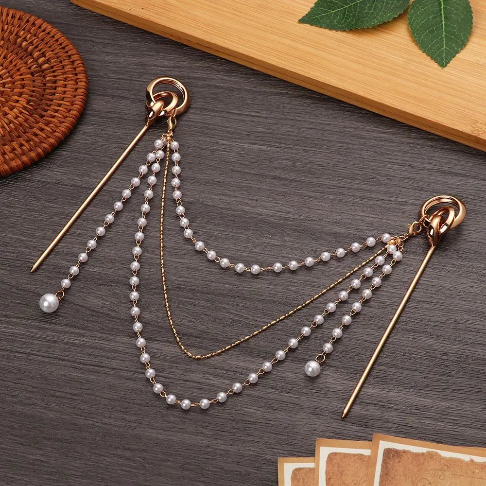 Retro Pearl Tassel Hair Stick | Hanfu Chinese Hairpin Gold Tassel Hair Stick QXL