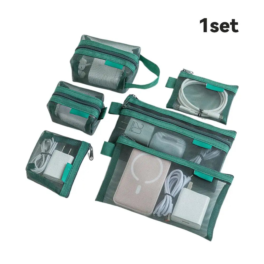 6-Pack Mesh Zipper Pouches | Travel Organizer Bag Set Travel Organizer Pouches QXL Green