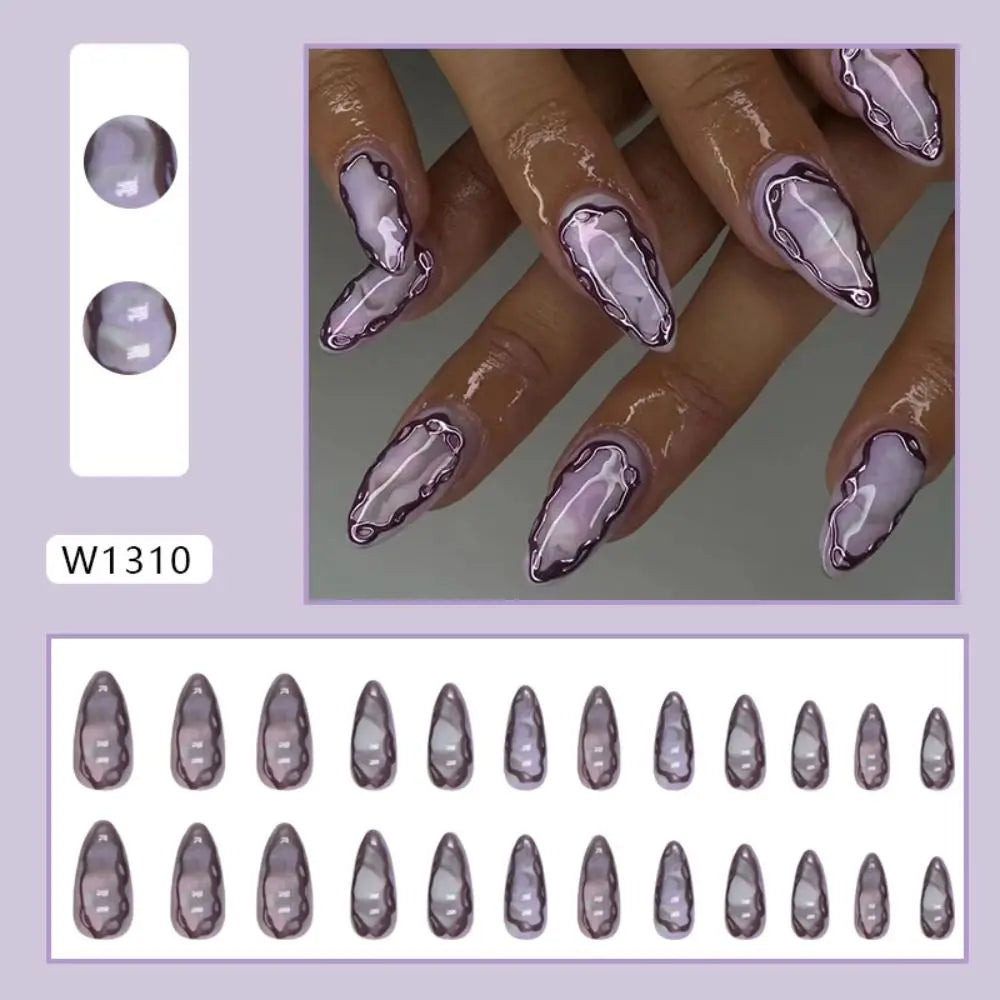 Long Almond Press-On Nails – French Leopard Purple | 24 Pcs Press-On False Nails QXL