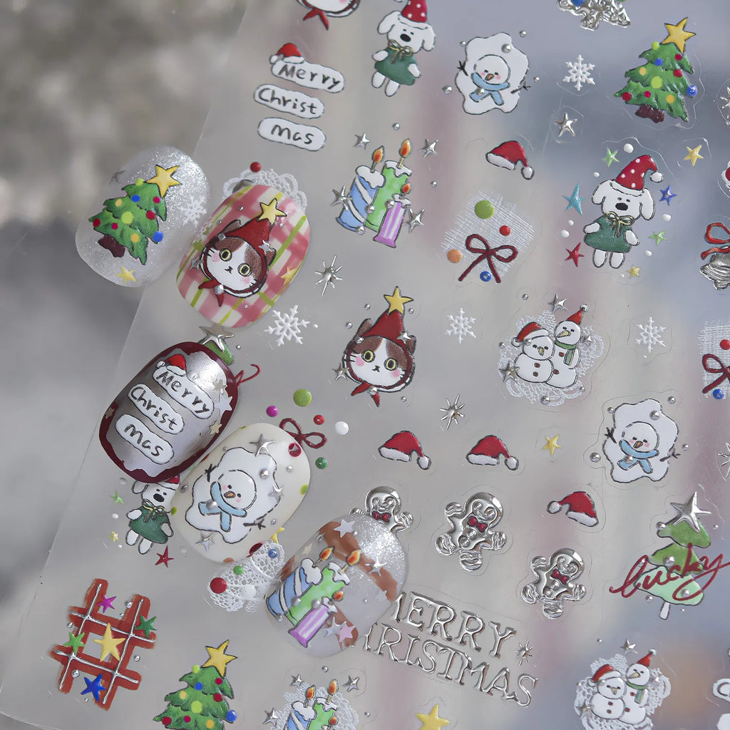 5D Christmas Nail Stickers | Snowman, Cat & Xmas Tree Decals Nail Stickers QXL