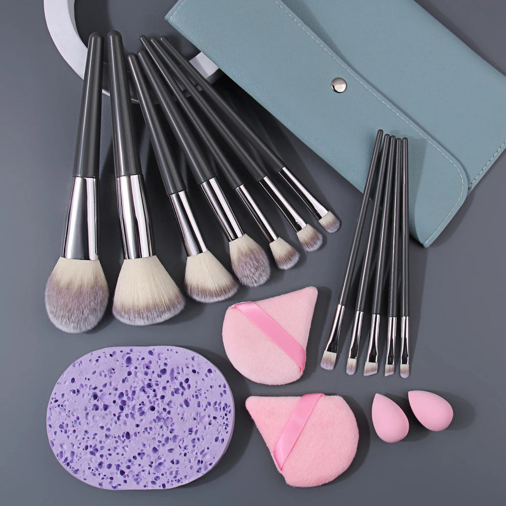 KOSSHOW 18-Pc Makeup Brush Set with Bag, Puffs & Sponges Makeup Brush Set QXL