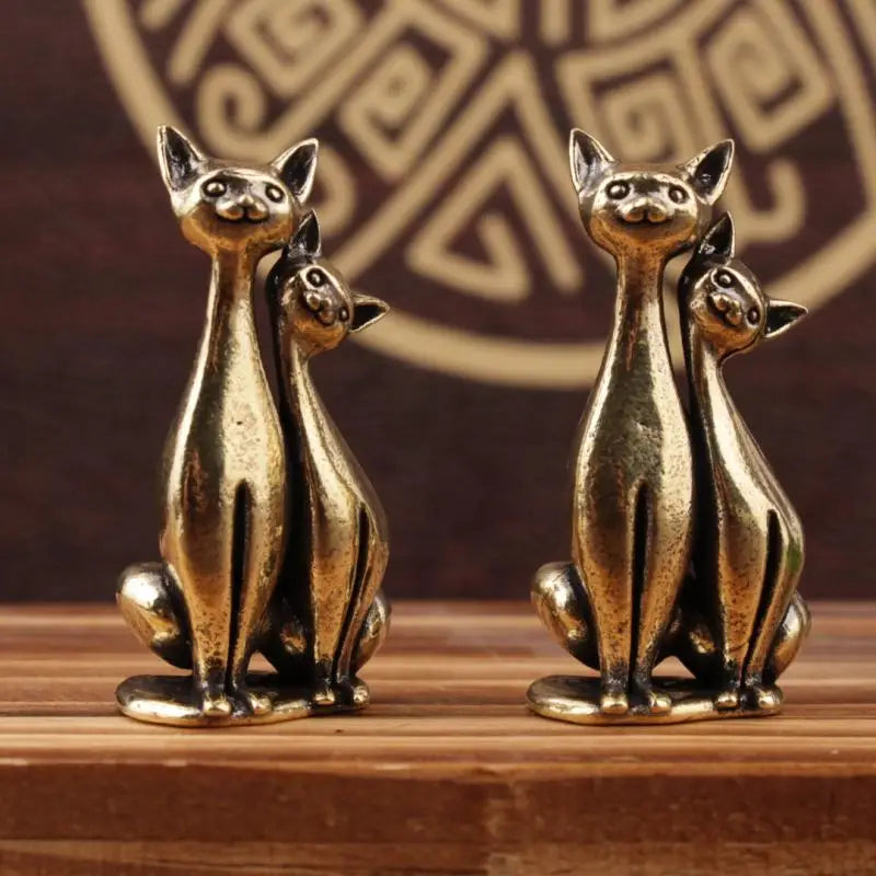 Brass Double Cat Sculpture Ornament | Desk & Home Decor Decorative Figurine QXL