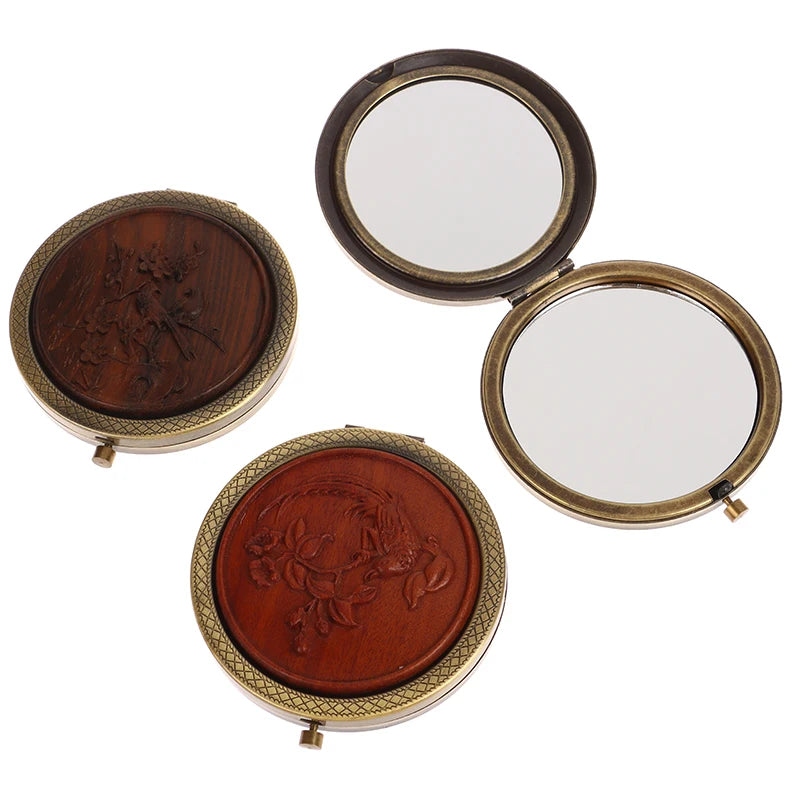 Wood Retro Compact Pocket Mirror | Double-Sided Magnifying Compact Pocket Mirror QXL