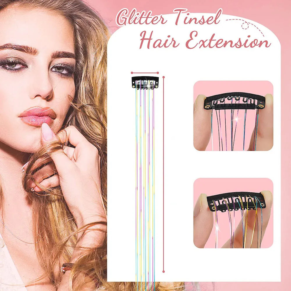 6-Pack Clip-In Shiny Hair Tinsel Extensions | 50cm Synthetic Clip-In Hair Tinsel QXL