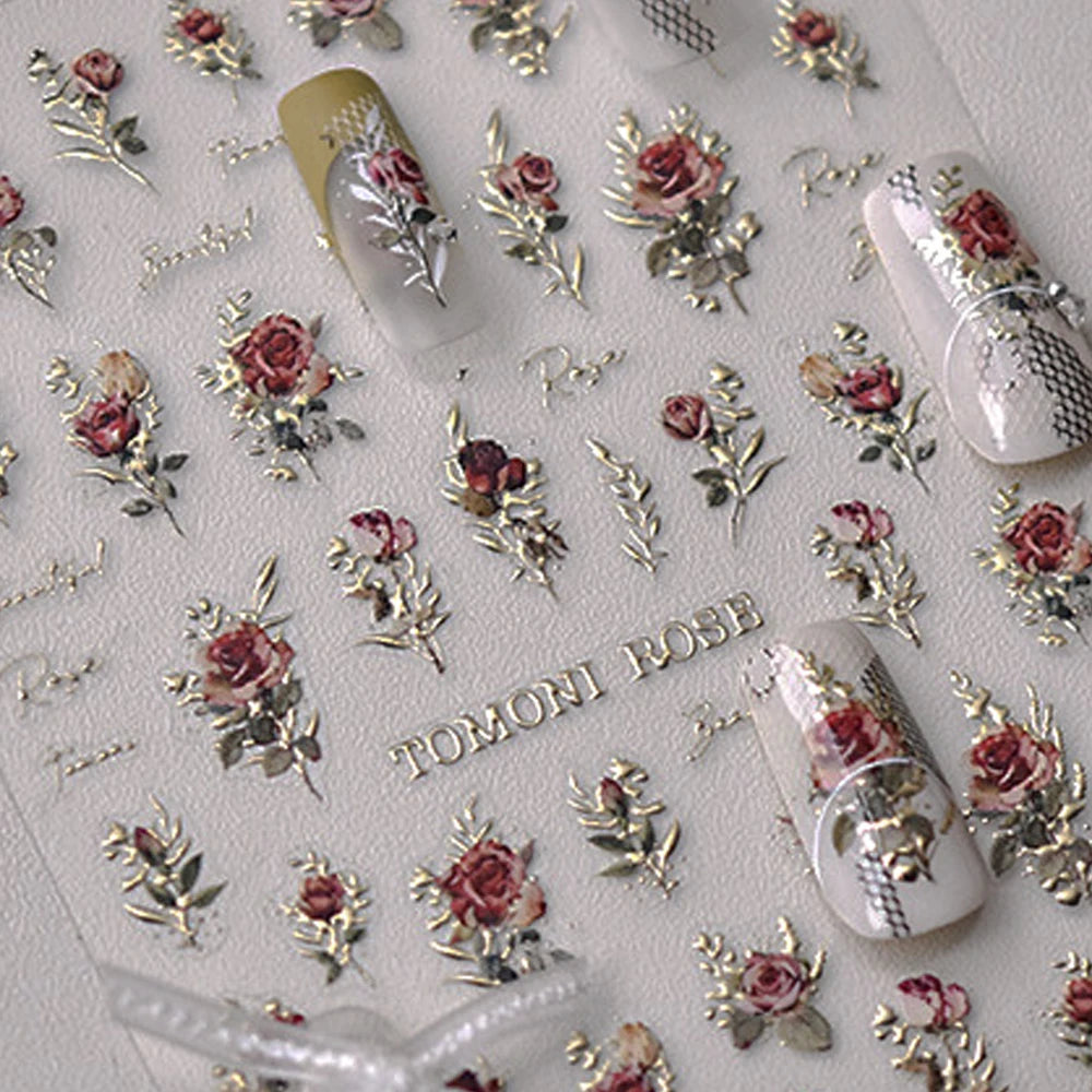 5D Pink Rose Rhinestone Nail Art Stickers | Floral Decals Nail Art Stickers QXL