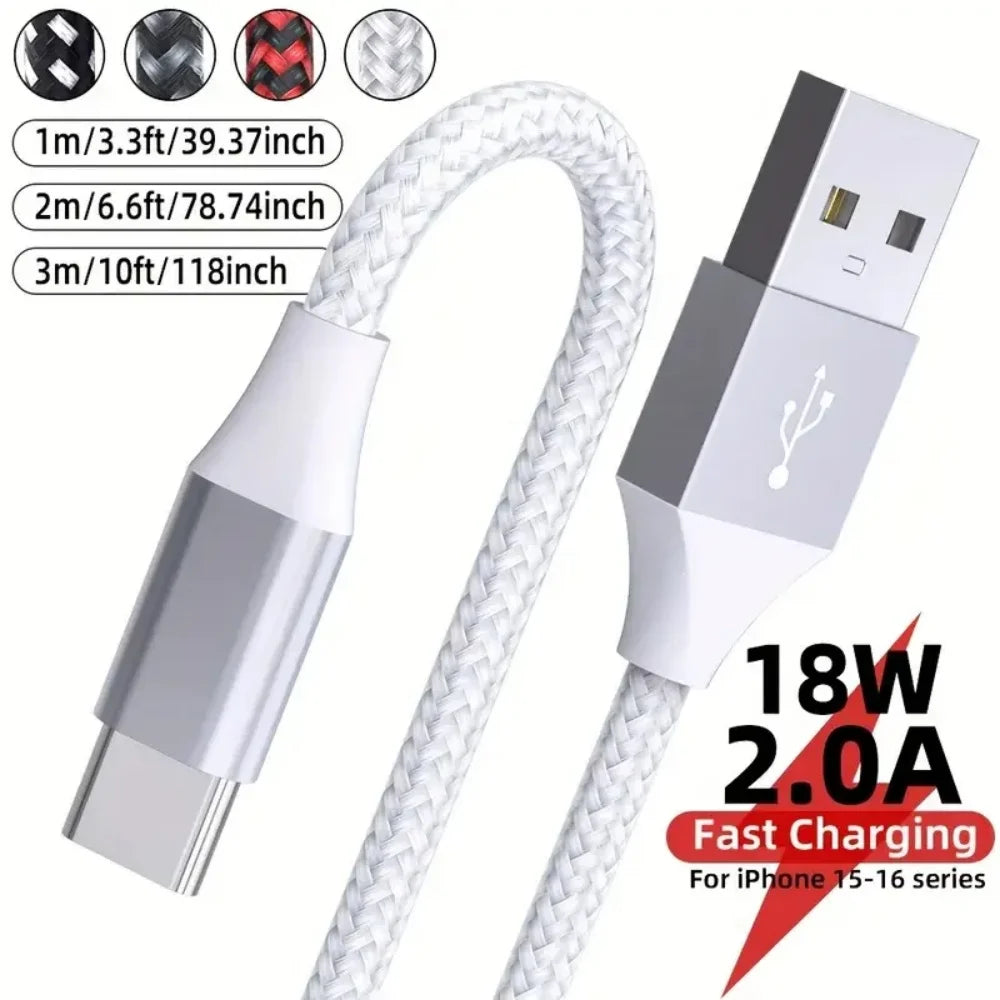 USB-A to USB-C Nylon Braided Fast Charging Cable 1m 2m 3m USB-C Charging Cable QXL WHITE 2m
