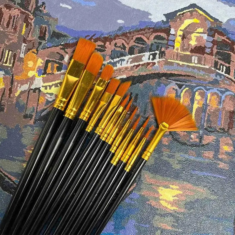 12-Pc Flat Nylon Paint Brush Set | Watercolor, Oil & Acrylic Paint Brush Set QXL