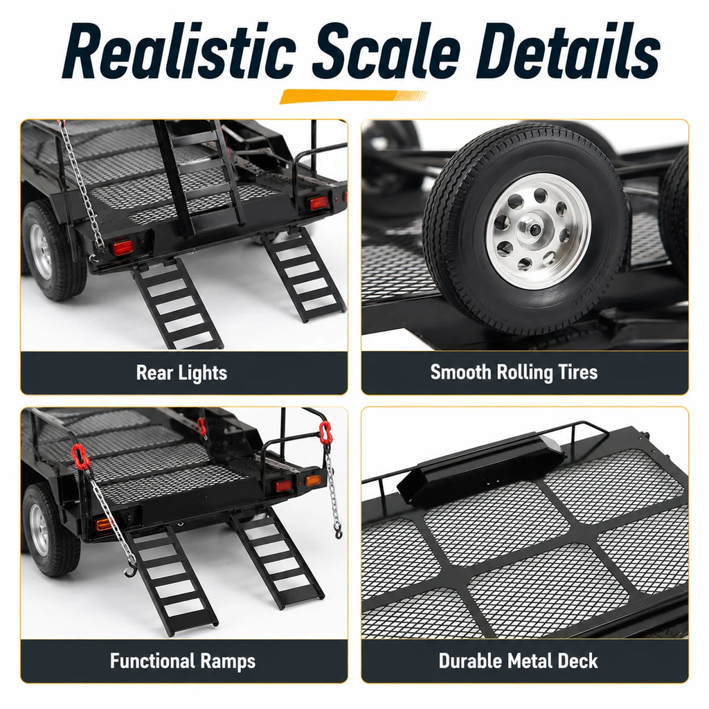 1/10 Scale Metal RC Trailer 4 Tires | SCX10 TRX4 RC4WD D90 RC Trailer Accessory QXL