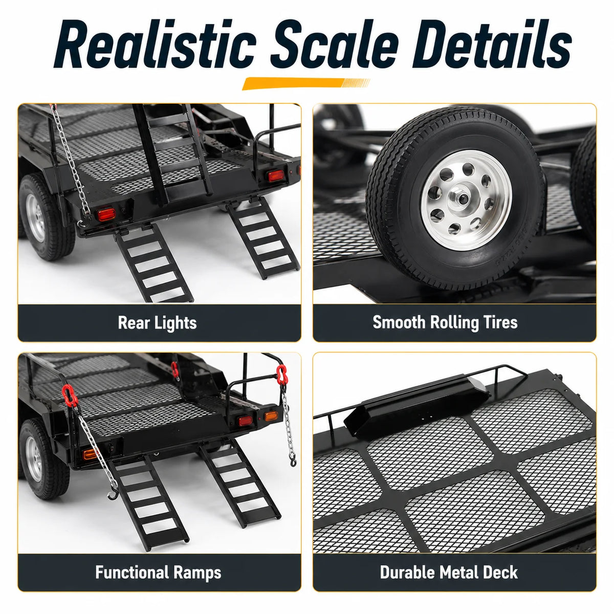 1/10 Scale Metal RC Trailer 4 Tires | SCX10 TRX4 RC4WD D90 RC Trailer Accessory QXL