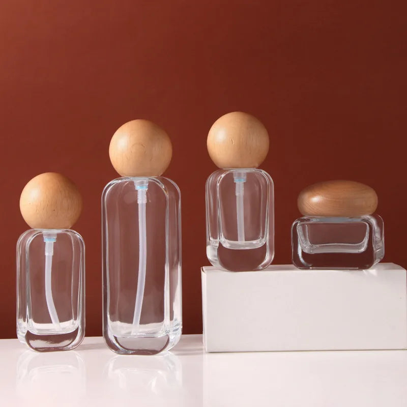 Glass Pump Bottle Wood Lid 20–120ml | Refillable Lotion & Oil Jar Refillable Pump Bottle QXL 30ml pump Transparent Glass