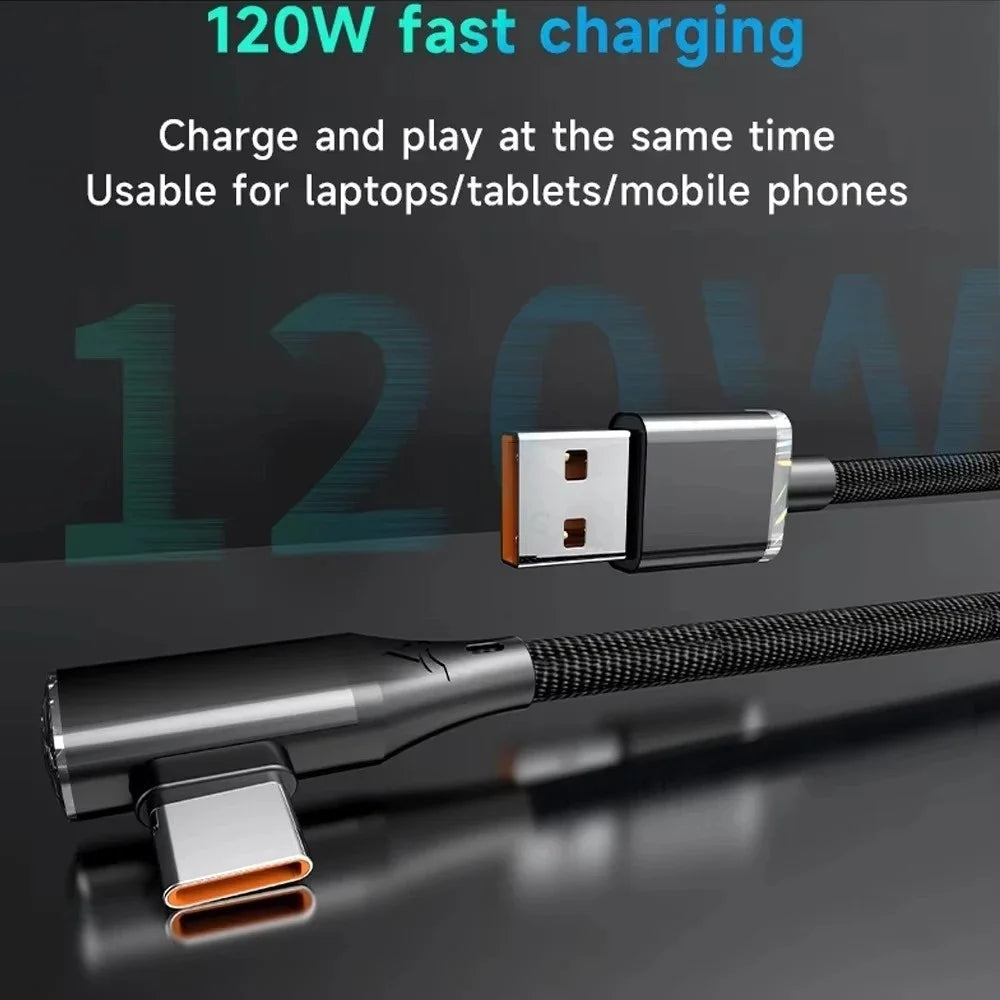90° USB-C Cable 120W Fast Charging – Braided Nylon 6A USB-C Charging Cable QXL