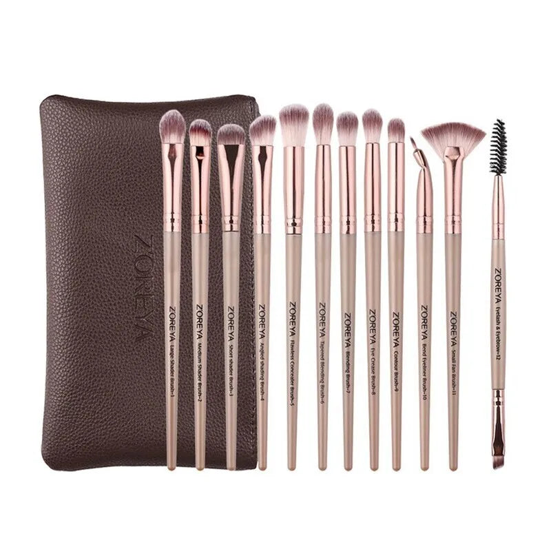 Zoreya 12-Piece Eyeshadow & Lip Makeup Brush Set – Fiber Bristles Makeup Brush Set QXL