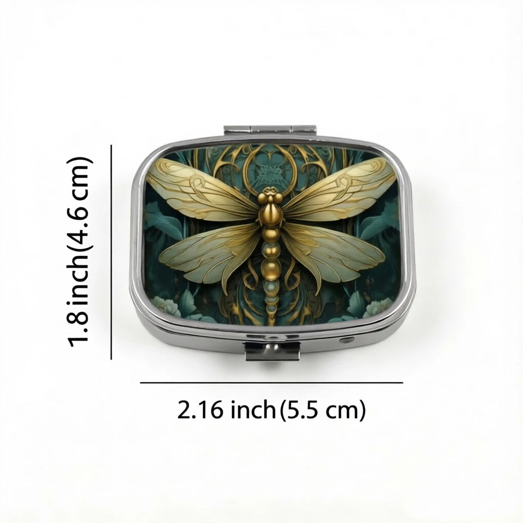 2-Grid Retro Dragonfly Metal Pill Box | Mini Travel Case Travel Pill Case QXL