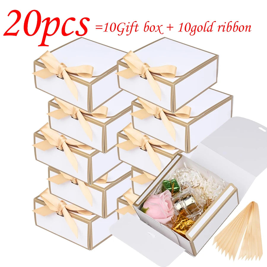 20-Pack Gift Boxes with Lids | Gold Trim & Ribbon 4.5"×4.5" Gift Boxes QXL 20pcs 11x11x5cm