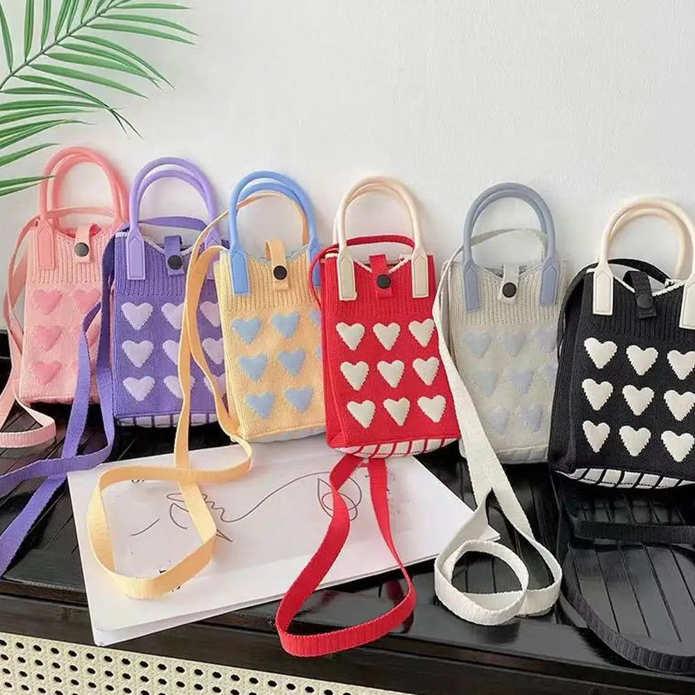 Knitted Heart-Shaped Mini Phone Bag | Crossbody Shoulder Purse Mini Crossbody Bag QXL