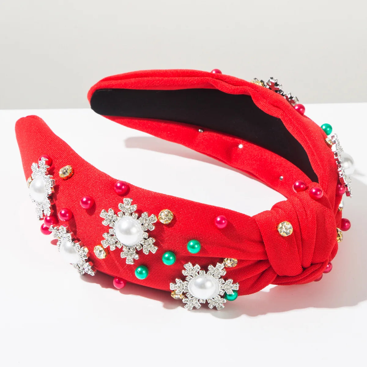 Christmas Snowflake Satin Headband | Rhinestone & Pearl Hairband Holiday Hair Headband QXL