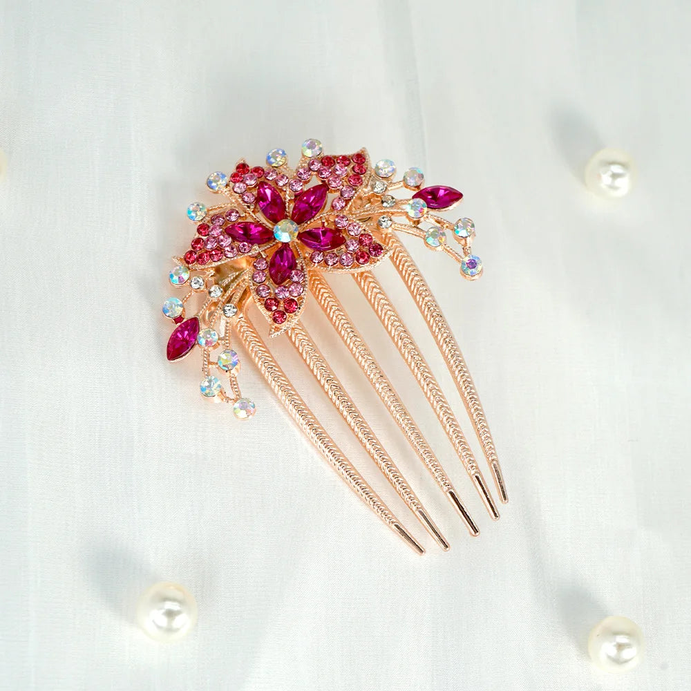 Crystal Rhinestone Flower Hair Comb | Elegant Women's Accessory Rhinestone Hair Comb QXL SZ255-RoseRed