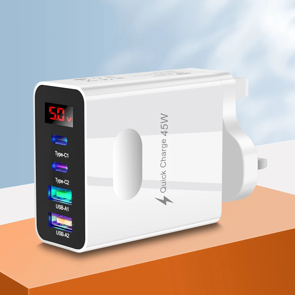 45W 4-Port USB-C Fast Charger with LED Display | Travel Multi-Port Fast Charger QXL UK Plug White