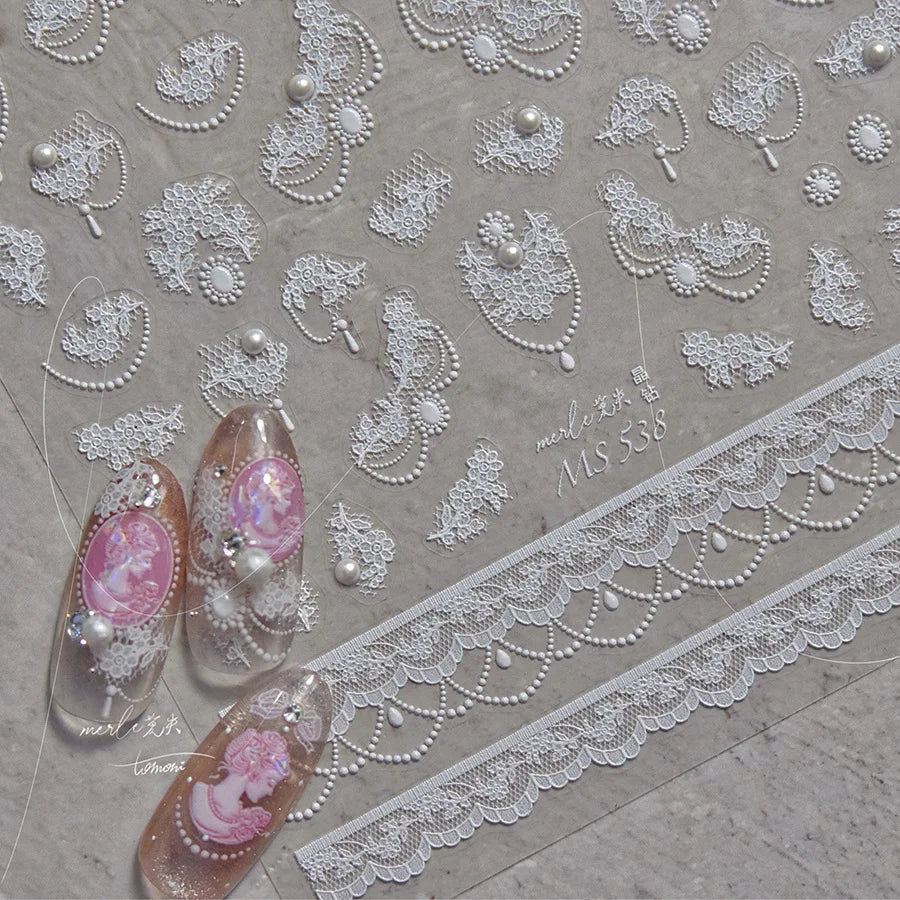 5D Lace Flower Nail Stickers | Crystal Diamond Pearl Decals Nail Art Stickers QXL