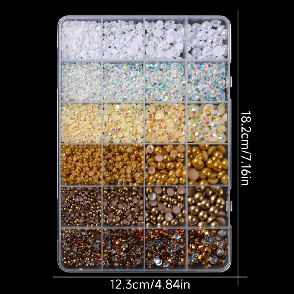 Flatback Pearls & Rhinestones Kit 3–8mm | 24-Grid Mixed Gems Nail Art Rhinestone Kit QXL
