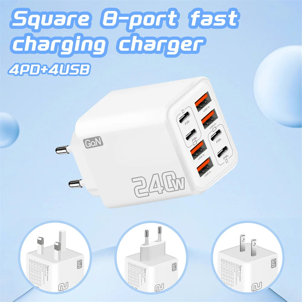240W 8-Port USB-C PD QC 3.0 Fast Charger | Multi-Device Multi-Port USB Charger QXL