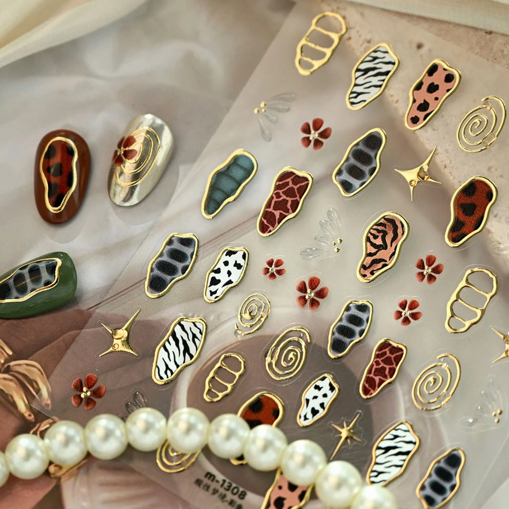 5D Retro Animal Skin Nail Stickers | Gold Border Star Flower Decals Nail Art Stickers QXL