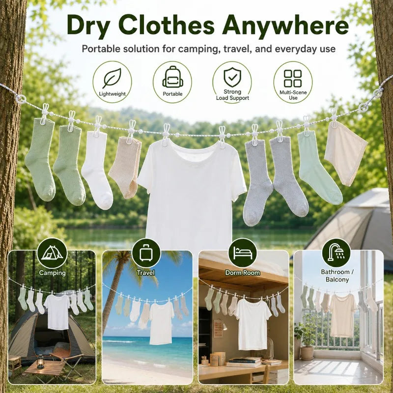 Portable Travel Clothesline – 12 Windproof Clips & Hooks Travel Clothesline QXL