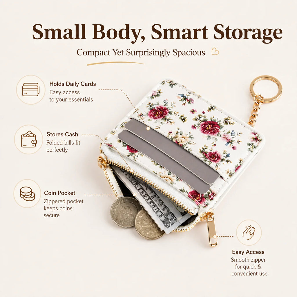 Floral Mini Card Holder Wallet | Coin Purse & Card Organizer Mini Card Wallet QXL