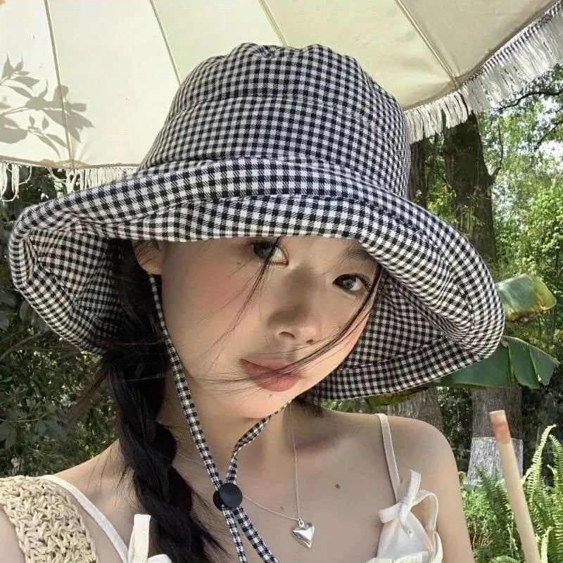Women's Houndstooth Wide Brim Bucket Hat | Summer Beach Sun Hat Wide Brim Bucket Hat QXL