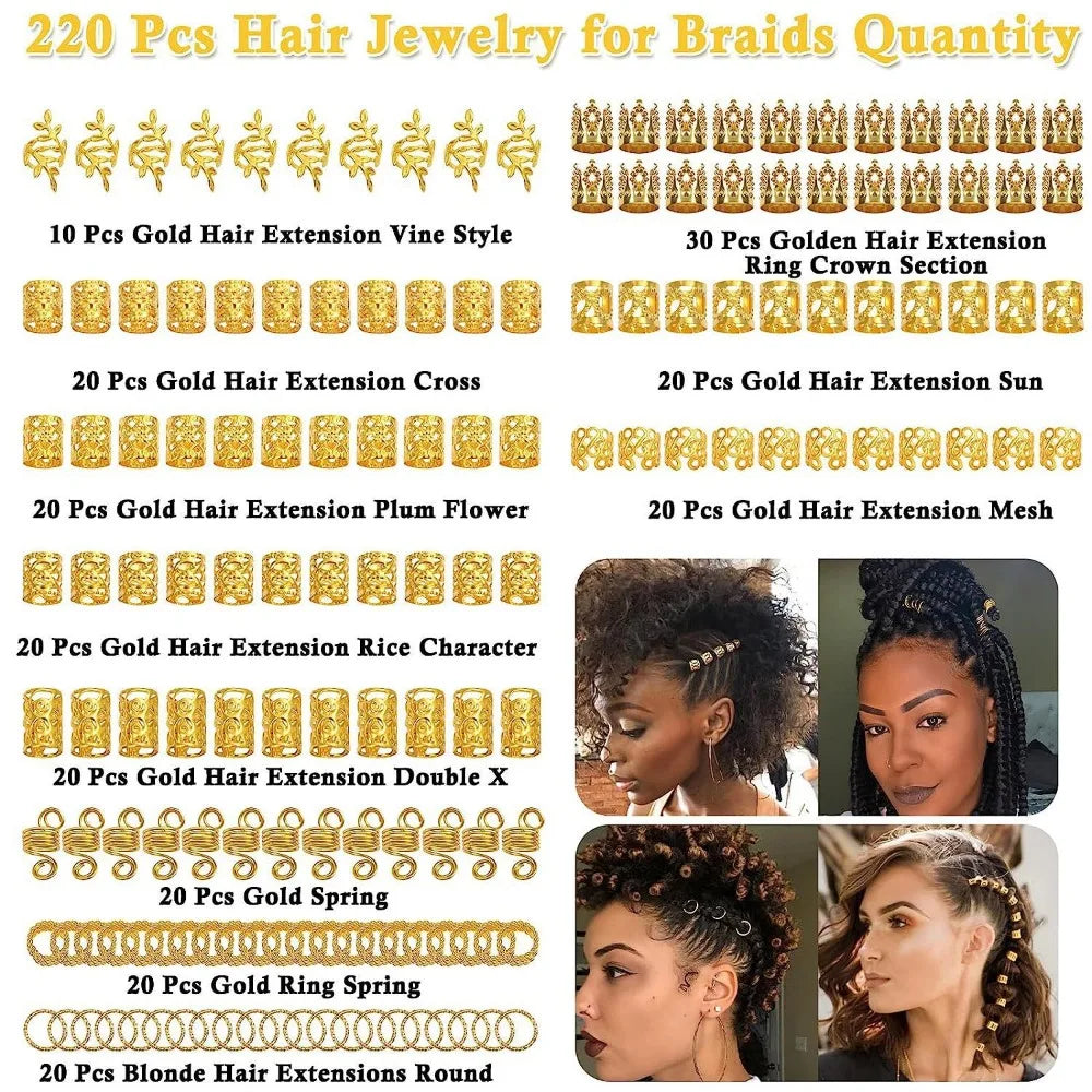 220-Pc Golden Alloy Hair Braid Jewelry | Dreadlock Cuffs Hair Braid Jewelry QXL