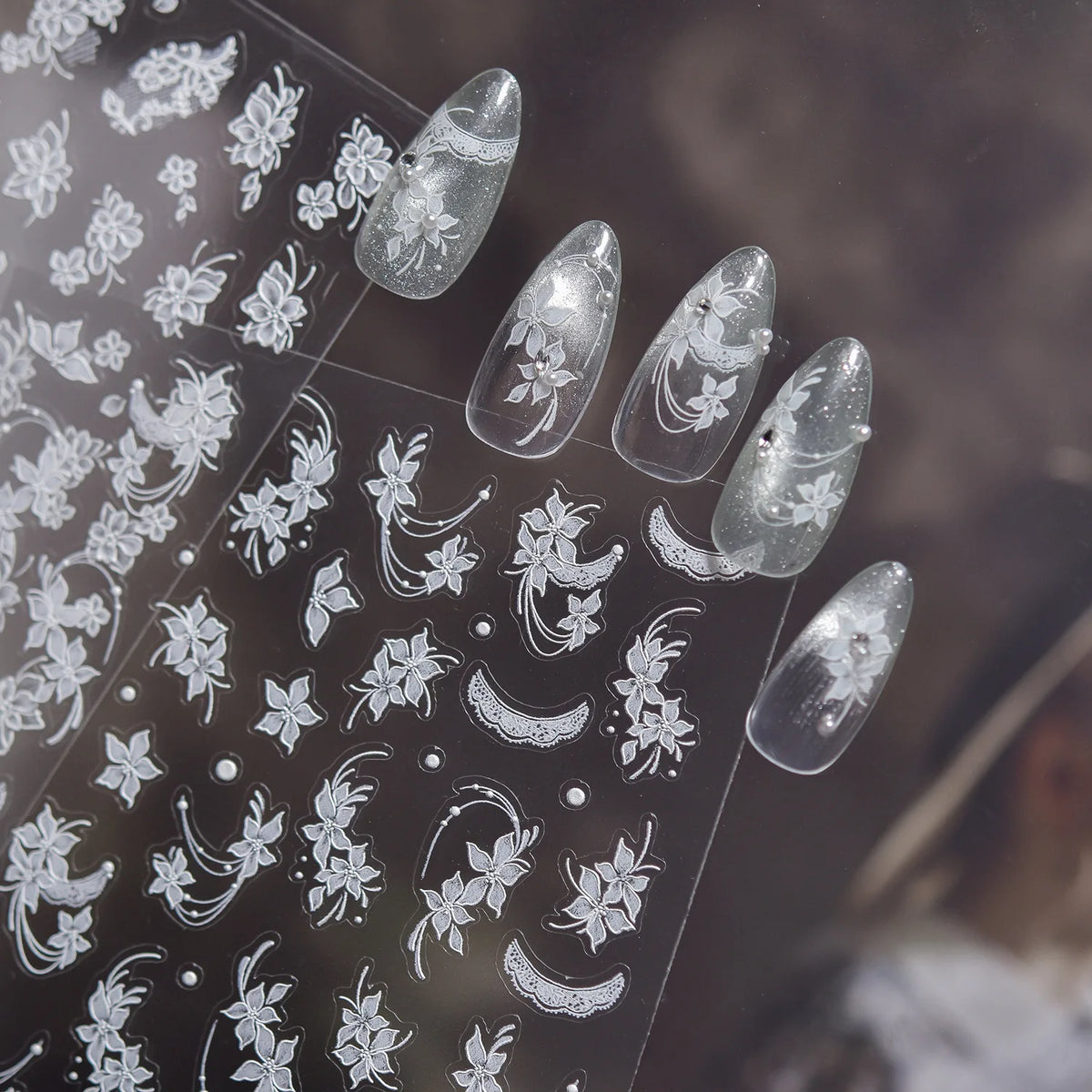 5D White Orchid Nail Stickers | Floral Lace Moon Nail Decals Nail Art Stickers QXL