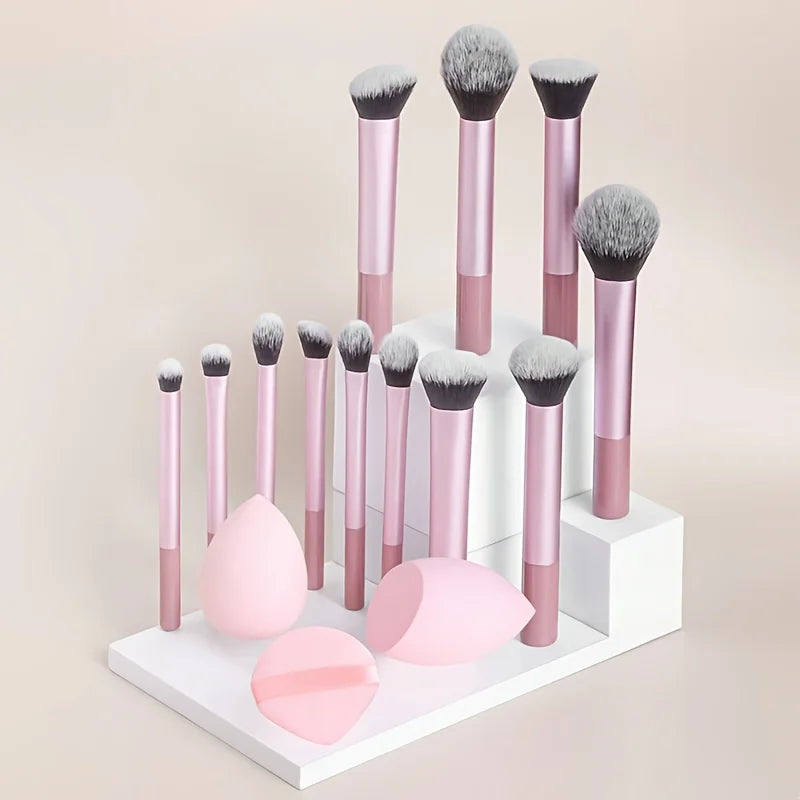15-Piece Makeup Brush Set | Ultra-Soft Wool Fiber + Sponge Makeup Brush Set QXL Pink