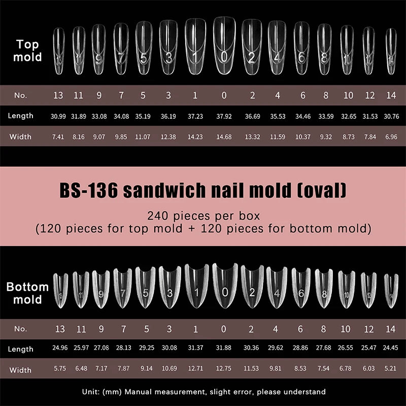 240-Pc Sandwich Dual Nail Forms | 15 Sizes Coffin & Almond Dual Nail Forms QXL Oval