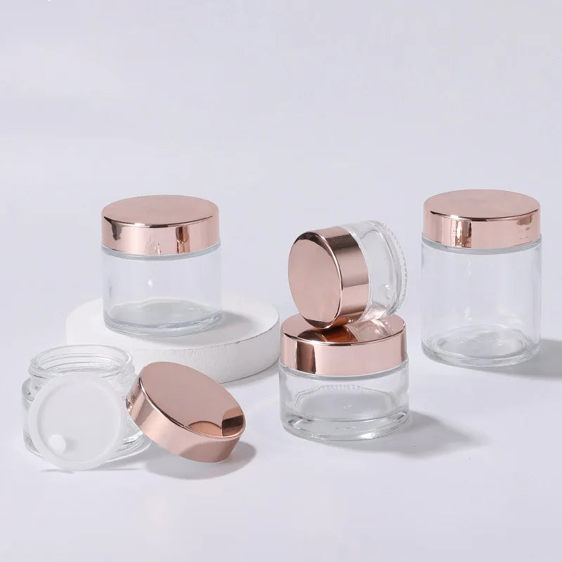 10-Pack Frosted Glass Cream Jars with Rose Gold Lids | 5–100g Cosmetic Glass Jars QXL