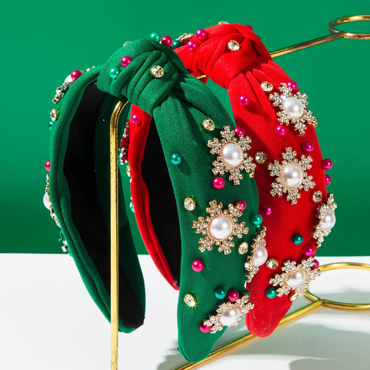 Christmas Snowflake Satin Headband | Rhinestone & Pearl Hairband Holiday Hair Headband QXL