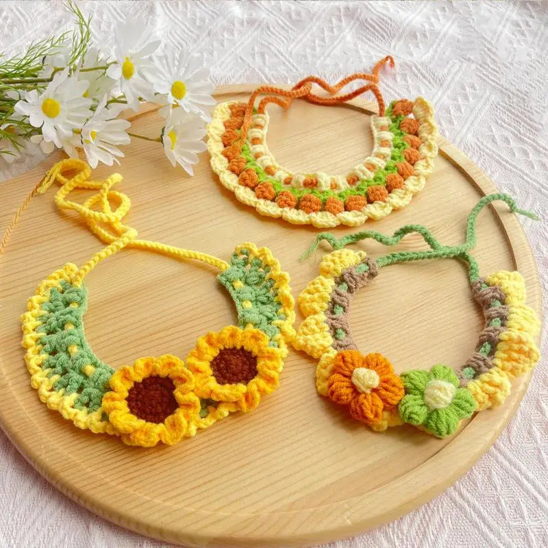 Handmade Woven Flower Pet Collar | Adjustable Knitted Scarf Pet Collar QXL