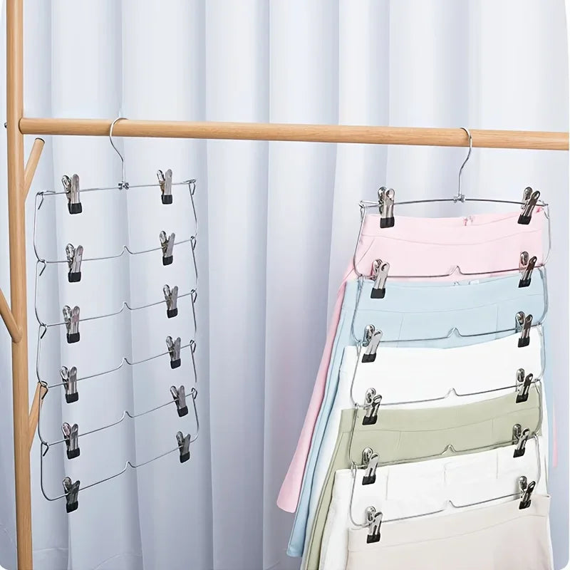 6-Tier Skirt & Pants Hanger with Clips | Space-Saving Closet Multi-Tier Clothes Hanger QXL