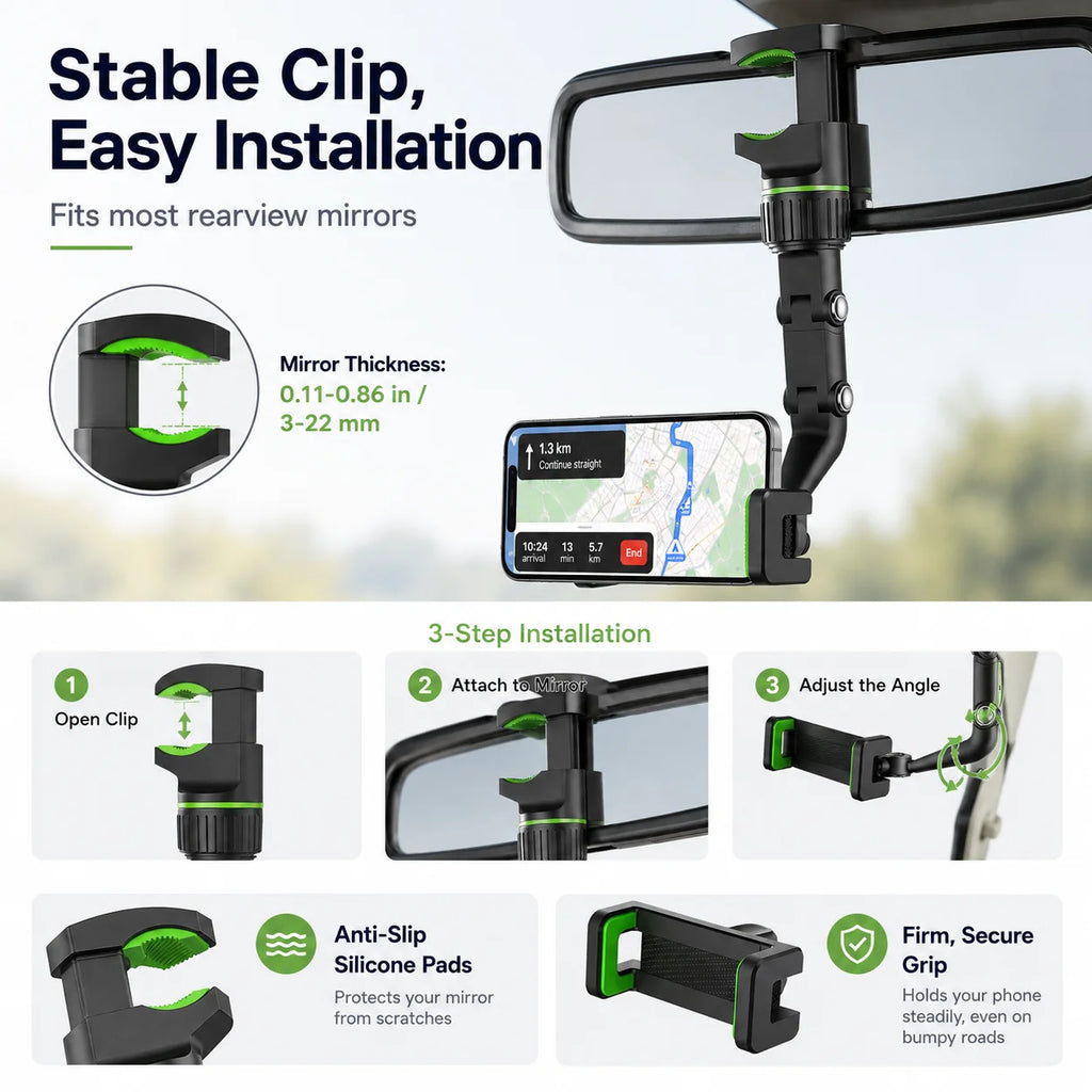 360° Rearview Mirror Phone Mount | Retractable Car Holder Car Phone Mount QXL