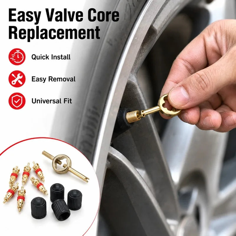 Brass Schrader Tire Valve Core Kit + Remover Tool & Dust Caps Tire Valve Core Kit QXL