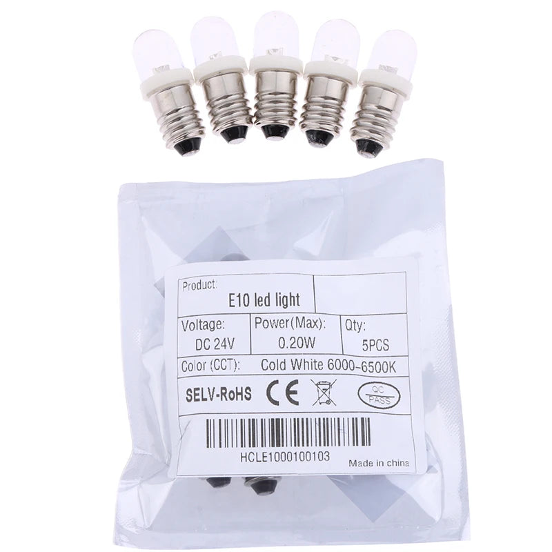 5-Pack E10 LED Screw Bulbs DC 3V–24V | Indicator Signal Light LED Indicator Bulb QXL DC24V