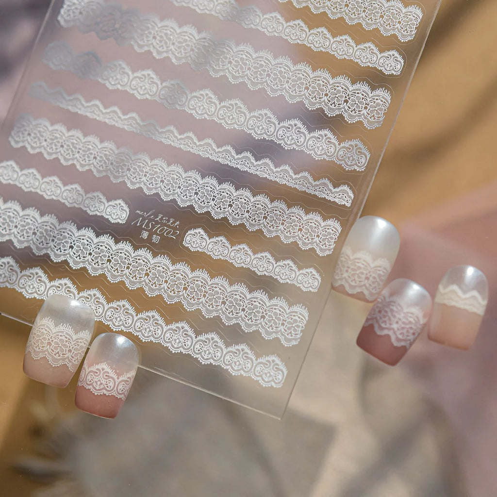 5D White Lace Nail Stickers | Vintage French Hollow Decals Nail Art Stickers QXL