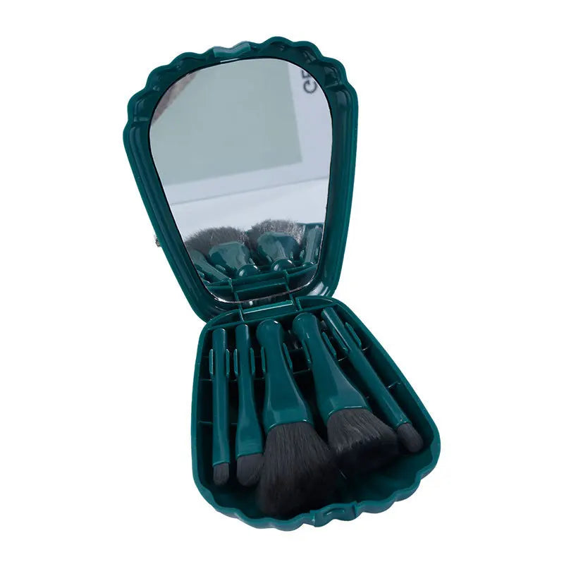 5-Pc Shell Makeup Brush Set with Mirror Case | Travel Makeup Brush Set QXL green
