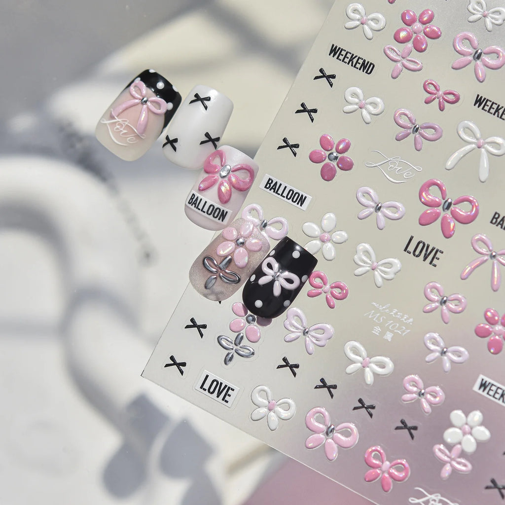 5D Holographic Nail Stickers – Bow & Flower Y2K Decals Nail Art Stickers QXL