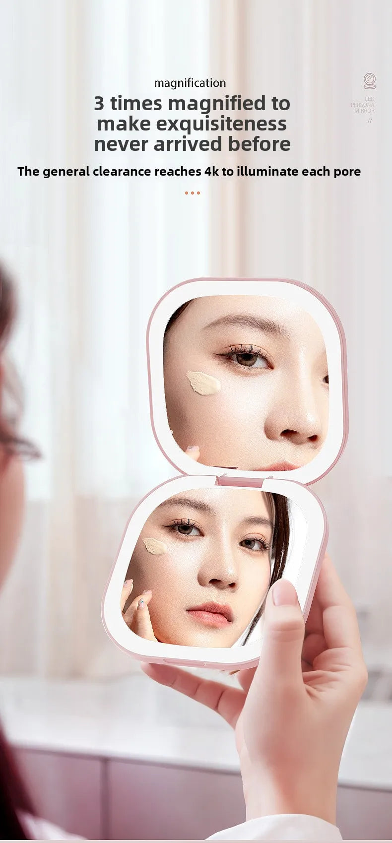 Compact LED Makeup Mirror Foldable 2-Sided 3X Magnification LED Makeup Mirror QXL