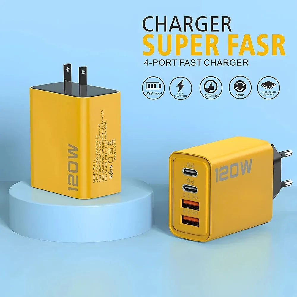 4-Port 120W USB-C PD Fast Charger QC3.0 | EU US UK Plug USB Wall Charger QXL