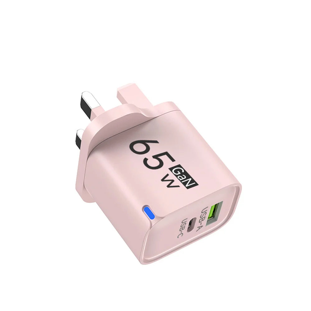 65W GaN Fast Charger USB-C PD QC 3.0 Dual Port Wall Adapter GaN Wall Charger QXL Pink UK